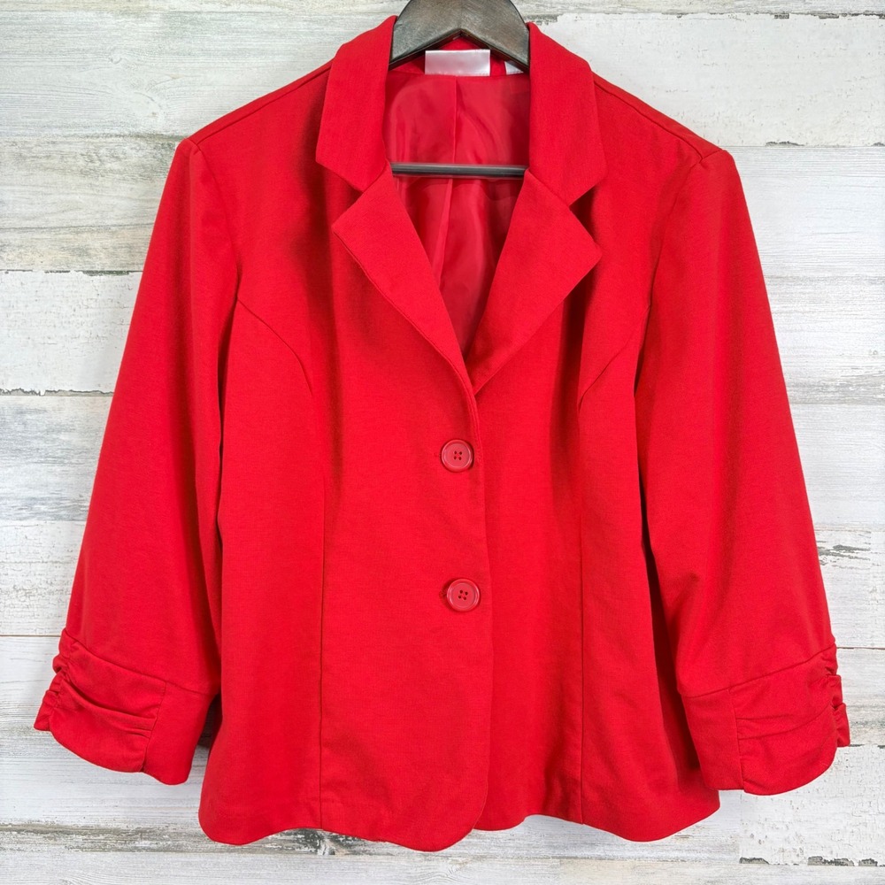 Dressbarn Red Blazer Women's Size L 3/4 Sleeve Ruched‎ Cuff Button Front